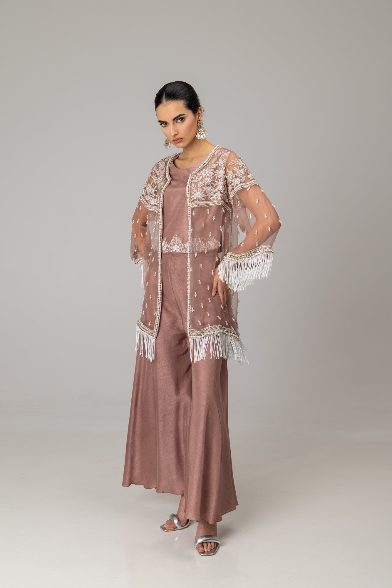 Taupe Organza Jacket Suit