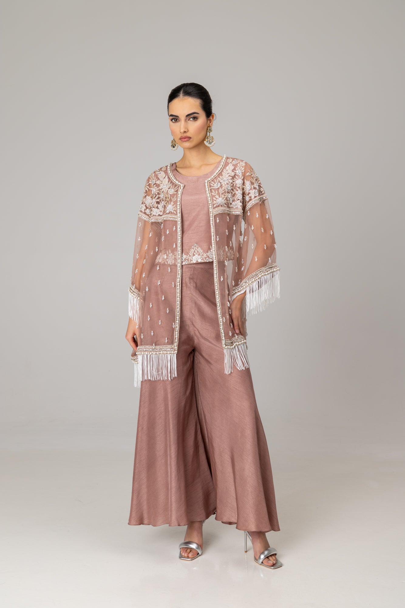 Taupe Organza Jacket Suit