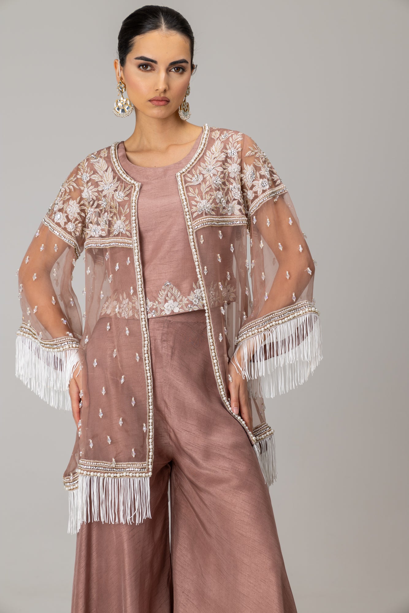 Taupe Organza Jacket Suit