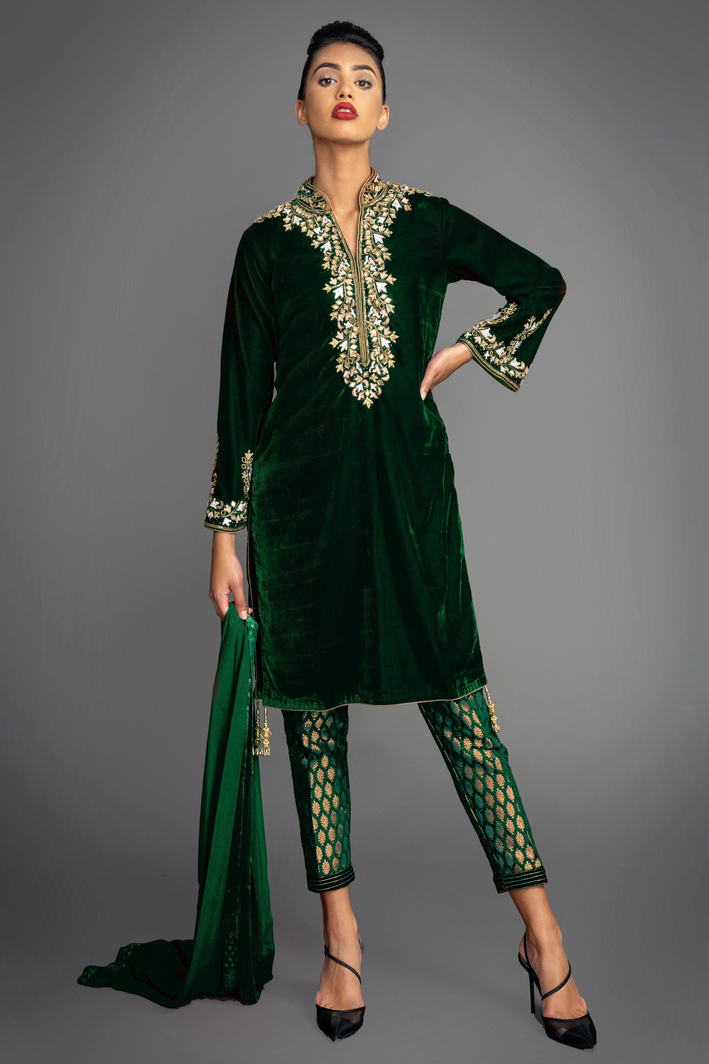 Katrina Mirror Green Velvet Suit