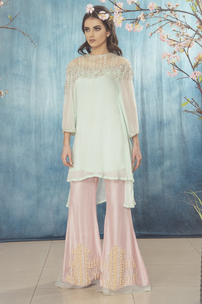 Buy Blue Georgette Embroidered Zari V Neck Kaftan And Pant Set For Women by  Pouli Pret Online at Aza Fashions.