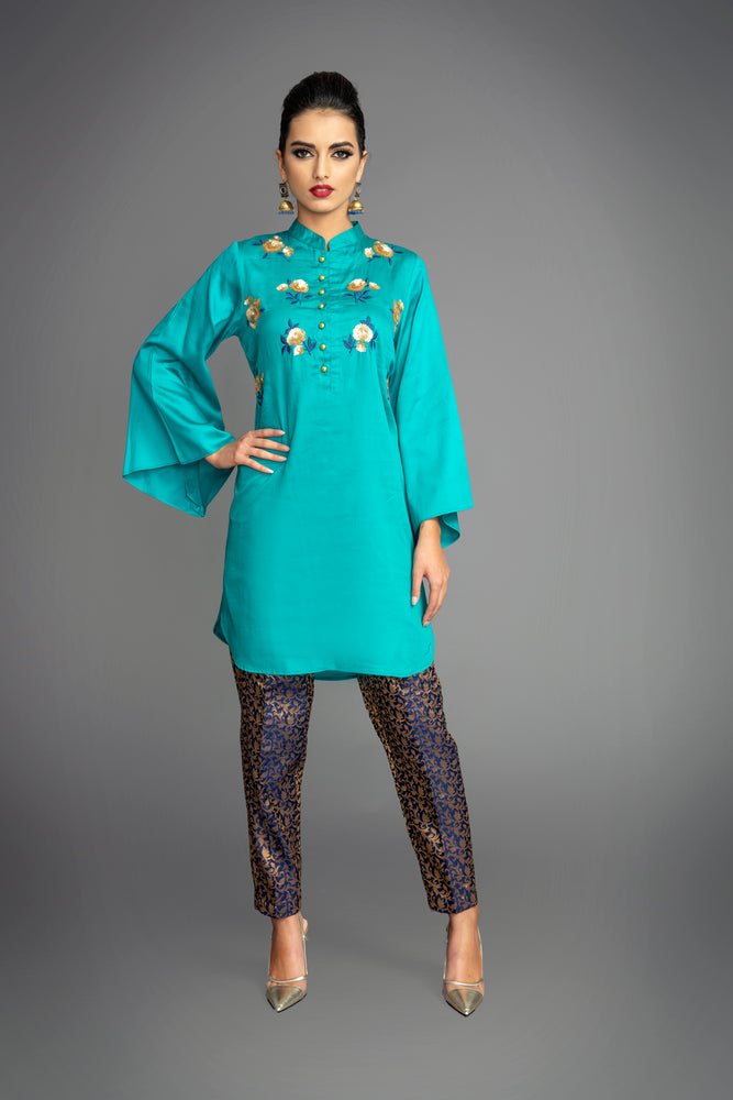 Turquoise Embellished Suit